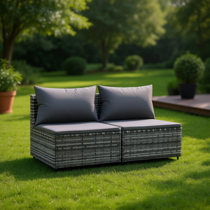 โซฟาหวายเทียมสีเทาสำหรับลานบ้าน 2 ที่นั่ง เฟอร์นิเจอร์สวนกลางแจ้งพร้อมเบาะรองนั่ง กันน้ำ ดีไซน์ร่วมสมัย - Product Image 2