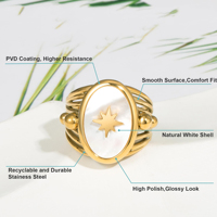 Bague vintage géométrique à ouverture coquillage avec pierre précieuse, en acier inoxydable plaqué or 18 carats, motif étoile à huit branches, bijou tendance et audacieux