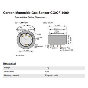 เซ็นเซอร์ตรวจจับก๊าซคาร์บอนมอนอกไซด์ Membrapor รุ่น CO CF 1000 0 1000 ppm เครื่องตรวจวัดคุณภาพอากาศแบบอิเล็กโทรเคมีในตัวขนาดกะทัดรัด - Product Image 3