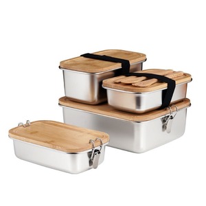 304 Stainless Steel Bamboo Lid Lunch Box Rectangle Double Buckle Strap Food <b>Storage</b> <b>Container</b> For Students Office Workers - Product Image 5
