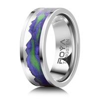 Bague classique en carbure de tungstène poli argenté 8 mm, motif arbre forestier, incrustation bleu-vert effet sable, unisexe, pour mariage et fiançailles