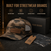 Casquette Trucker en Maille Camouflage Personnalisée avec Impression Intégrale sur la Visière Avant et la Maille, avec Patch en Cuir Monobloc pour les Marques de Streetwear