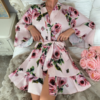 Pyjama de luxe ample et confortable pour femme, en soie japonaise texturée, col en V, manches longues, à lacets, respirant, imprimé à volants, pour la maison