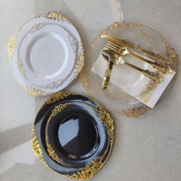 175 pièces d'assiettes en plastique transparentes dorées, ensembles de vaisselle en plastique doré pour 25 invités, pour mariage, fête et Noël