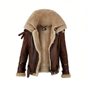 Men Shearling Fashion Real Leather <b>Jacket</b> Double Fur Collar Flying B3 Style Removable Fur Collar Casual Biker Racing <b>Jacket</b> OEM - Product Image 1