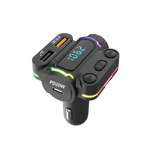 Transmissor FM para carro sem fio P7 mp3 player com QC3.0 e PD20W USB TYPE-C carregamento rápido 5V3A iluminação LED ambiente colorida