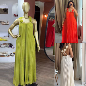 Ultimi Modelli di Abiti Estivi Casual da <span class=keywords><strong>Donna</strong></span>, Eleganti e Aderenti con Motivi Floreali 3D, Abiti Plissettati con Spalline, Vestiti Lunghi da Vacanza per Donne - Product Image 2