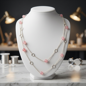 Collar de cuentas de cuarzo rosa multicapa plateado para mujer, cadena redonda de perlas de imitación, joyería de regalo - Product Image 1