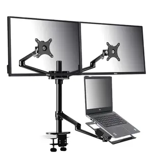 Suporte duplo ajustável com monitor, altura com bandeja do laptop, montagem de braço do monitor com braçadeira e base de montagem do arremesso