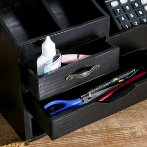 Multi-Functional Desktop <b>Storage</b> Rack Black Wooden Organizer With <b>Drawers</b> And Compartments For Office Stationery - Product Image 3