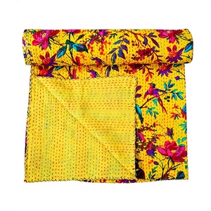 Yellow Bird Hand Block Printed Kantha Quilt 100% Cotton Light Weight 220g Home Decorative Bedspread for Home Use - Product Image 1