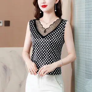 2023 Fashion Women Polka Dot Sleeveless Satin Blouse Summer Loose Casual Lace Embroid Shirt V Neck Office Lady Silk Top