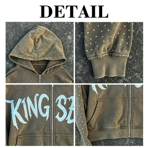 Sudadera con capucha para hombre, de fabricante personalizado, extragrande, con bordado desgastado, lavado vintage, con cremallera y pedrería de diamante completa - Product Image 6