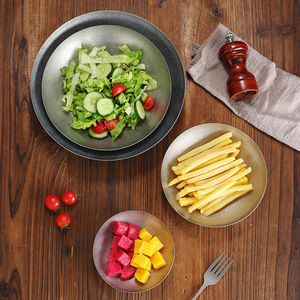 Vintage 304 Stainless Steel Round Salad Plate Shallow Dish For Hotel Meals Snack Serving Solid Color <b>Microwave</b> Safe - Product Image 1