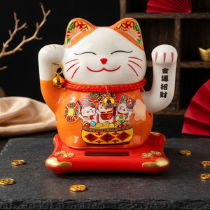 Chat porte-bonheur en céramique de 5 pouces, chat beckoning solaire, <span class=keywords><strong>Maneki</strong></span> <span class=keywords><strong>Neko</strong></span>, figurine Feng Shui pour attirer la richesse - Product Image 1