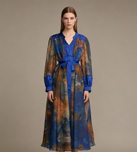 Vestido elegante de estilo europeo y americano para mujer, novedad 2025, sexy, con cuello en V, manga larga, lazo en la cintura, efecto adelgazante - Product Image 4