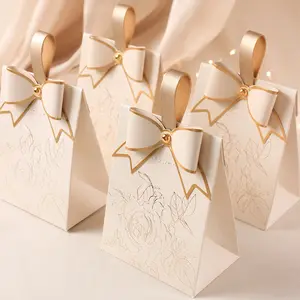 Champagne Gold Bow Triangle wedding candy box ,Beige Wedding Gift Boxes, Chocolate Treat Gift wedding candy gift box for guest