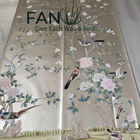 Papier peint de luxe en soie véritable avec fleurs et oiseaux peints à la main
