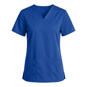 Hauts de blouse bleus à col en V pour femmes avec poches avant, uniformes d'hôpital en tissu tissé coton-polyester, prix de gros, OEM - Product Image 1