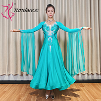 Robe de danse de salon Yundance B-26074 personnalisée en mousseline turquoise avec strass, jupe fluide, tenue de scène standard, longue robe