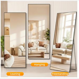 Full Length <b>Mirror</b> 56x21 Black <b>Rectangle</b> Floor <b>Mirror</b> With Stand Aluminum Alloy Frame Tempered Glass Minimalist Design - Product Image 6