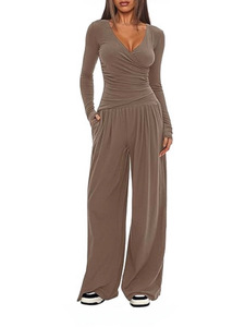 Bộ đồ nữ thời trang công sở thanh lịch, kiểu dáng riêng hoặc in logo theo yêu cầu, áo kiểu V gợi cảm và quần ống rộng, chất liệu trơn. - Product Image 4