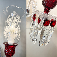 Applique Murale de Luxe Française à 2 Têtes en Cristal, en Fer Plaqué, Abat-jour Gravé, Corps en Verre Rouge et Pompon en Cristal Rouge, pour Chambre, Hôtel, Villa, Hall