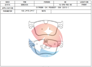 Plaquettes de frein SDCX D1974-9201 GDB2035 1609898580 pour Citroen <span class=keywords><strong>C4</strong></span> Grand <span class=keywords><strong>Picasso</strong></span> / PEUGEOT 308 - Product Image 2