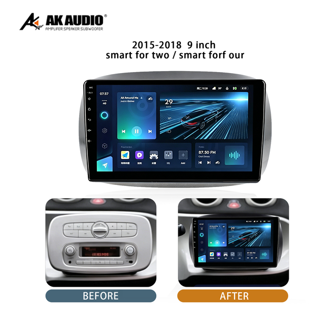 2015-2018 Smart for Two Smart Forf Our 9inch High Wiring Frame Car DVD Player Panel Android Auto Radio Central Control ABS