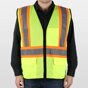 Hi vis-chaleco de seguridad, chaqueta reflectante de malla con bolsillos, ropa de construcción