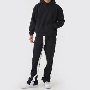 Black Contrast Side Stripe Hoodie Flared Sweatpants <b>White</b> Drawstring Fashion Street Outfit ODM Service Men Two Piece <b>Tracksuit</b> - Product Image 1