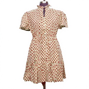 Vestido corto de algodón puro suave para mujer, con estampado floral hecho a mano, minimalista, informal, para fiesta, formal, para dama de honor. - Product Image 1