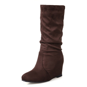 Botas de gamuza hasta la rodilla para mujer, punta redonda, tacón de cuña, sin cordones, cómodas, a la moda, envío directo - Product Image 1