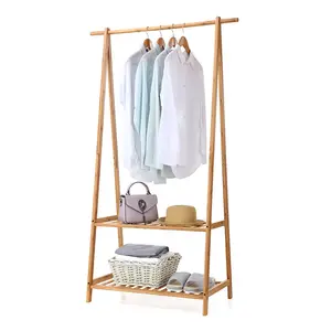 Simple Modern Extra Large Garment Rack Floor Standing Multifunction 2-Tire Bamboo Material Coat Hang Rack With Storage Shelf