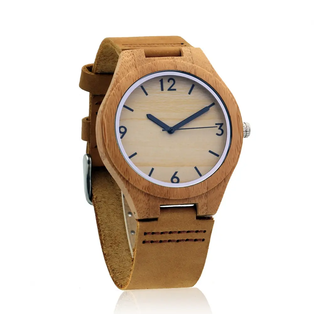 Fashion stock bamboo wood watch woman quartz genuine leather strap wood watches