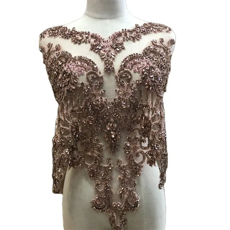 Handmade crystal beaded bodice lace applique, V collar body front vintage style rhinestone patches