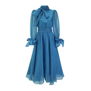 Bow crew neck long sleeves 100% Chiffon Viscose back button closure elegant solid blue candy color vintage Cocktail Party Dress