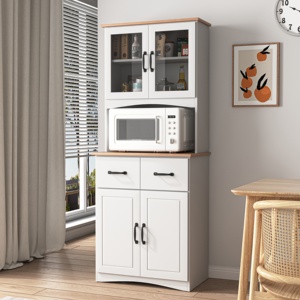 Storage Living Room Wooden Storage <strong>Cabinet</strong> with Drawers and Glass Display White <strong>Cabinet</strong> Kitchen Food <strong>Pantry</strong> <strong>Cabinet</strong> - Product Image 4