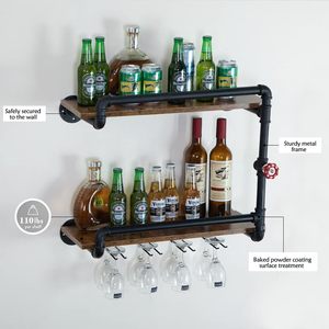 Casier à vin à 2 niveaux Étagères murales <span class=keywords><strong>pour</strong></span> boissons alcoolisées avec support de rangement <span class=keywords><strong>en</strong></span> <span class=keywords><strong>verre</strong></span> Support de rangement rustique <span class=keywords><strong>pour</strong></span> cuisine - Product Image 4