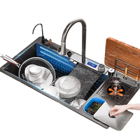 Évier de cuisine noir amélioré en acier inoxydable brossé nano, à cuve unique, avec robinet cascade extractible et poubelle intégrée, pour usage hôtelier