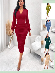 Popular in Europe and America, autumn V-neck bodycon lantern sleeve midi dress for weddings and parties - Product Image 1