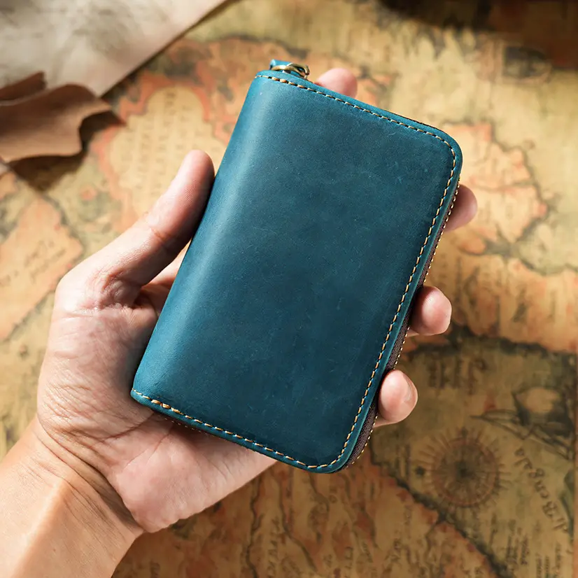 Crazy Horse dompet koin kulit asli, tas dompet kunci Retro casing kunci mobil gantungan kunci ritsleting logam kulit asli warna kustom