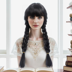 <span class=keywords><strong>Peluca</strong></span> de cosplay de miércoles de fibra sintética de alta temperatura, <span class=keywords><strong>peluca</strong></span> de cabeza completa Negra Premium, doble trenza, flequillo completo, gorra pequeña transparente - Product Image 1