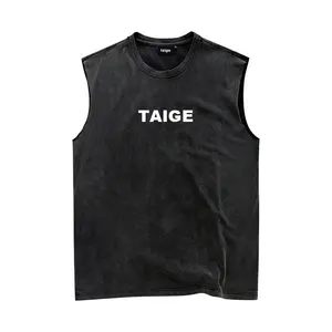 Tùy Chỉnh Người Đàn Ông Axit Rửa Trống Màu Đen Quá Khổ Vest 95% Bông 5% Spandex Crewneck Màn Hình In Ấn Tank Tops