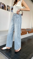Jean taille haute bleu clair pour femme grande taille, coupe large, longueur ras du sol, boutonné, effet usé, tissu élastique, inaltérable, toutes saisons