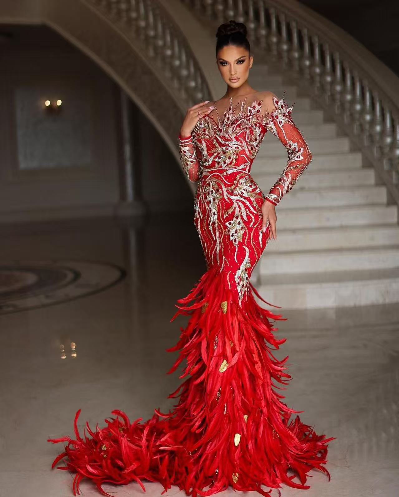 chinese dress ladies Sparkle Red Extreme Long Train Chic Criss-cross Long Sleevess Prom Par main image 0