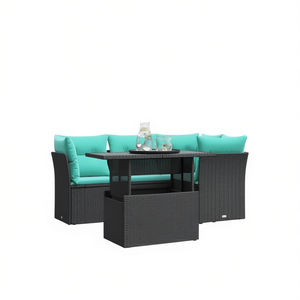 Juego de sofás de jardín de ratán sintético negro de 5 piezas con cojines, muebles de exterior de estilo contemporáneo - Product Image 1