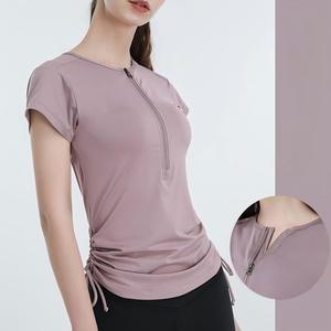 Haut de yoga pour femme à demi-zip avec cordon de serrage à la taille, manches courtes, coupe ajustée, respirant, séchage rapide, vêtement de sport en gros - Product Image 1