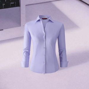Camisa de Mujer Estilo Vintage, Tejida, con Botones, Manga Larga, Corte Regular, Formal, para Oficina, en Azul Sólido - Product Image 3