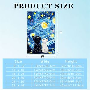 Tableau mural moderne rectangulaire sans cadre, motif animaux et fleurs, toile imprimée sur toile, motif chats nuit étoilée, cadre beige minimaliste, pour mariage - Product Image 5